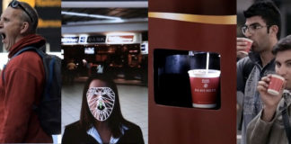 Вендинговая машина, наливающая кофе зевающим людям