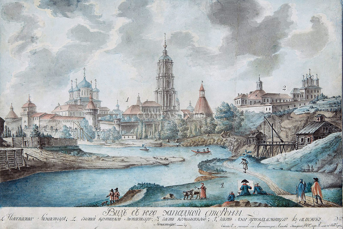 Новоспасский-монастырь, вид от Москва-реки и с  Крутицкого подворья, 1801 год (худ. А.Бакарев)